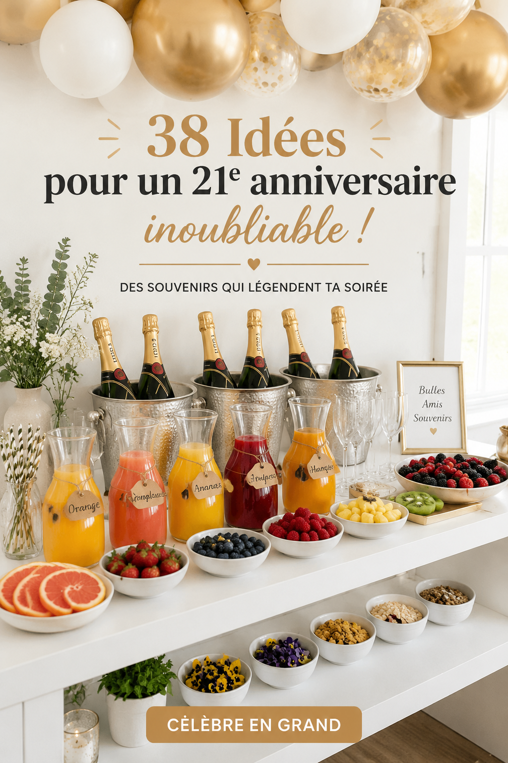 Illustration d'une fête de 21e anniversaire animée, avec des décorations colorées et des invités s'amusant.