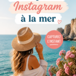 Photo créative d'une plage avec des vagues et un coucher de soleil, idéale pour Instagram.
