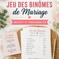 Un couple de mariés avec leurs invités jouant à un jeu des binômes lors d'une réception de mariage.
