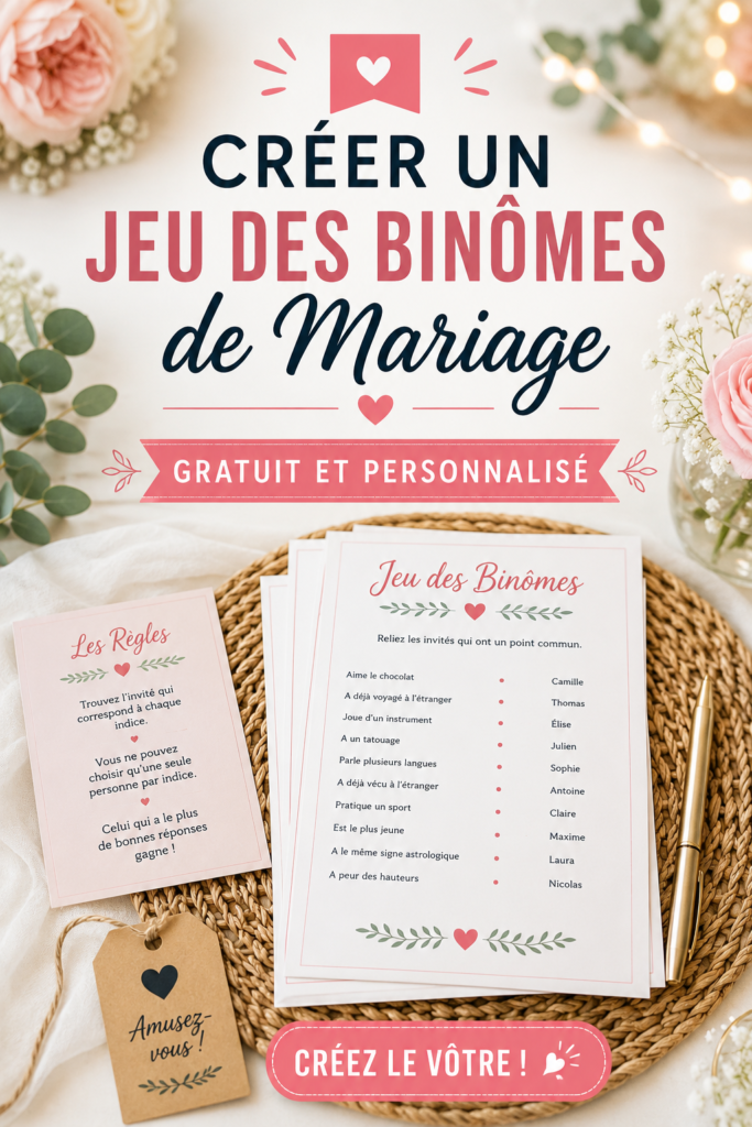 Un couple de mariés avec leurs invités jouant à un jeu des binômes lors d'une réception de mariage.