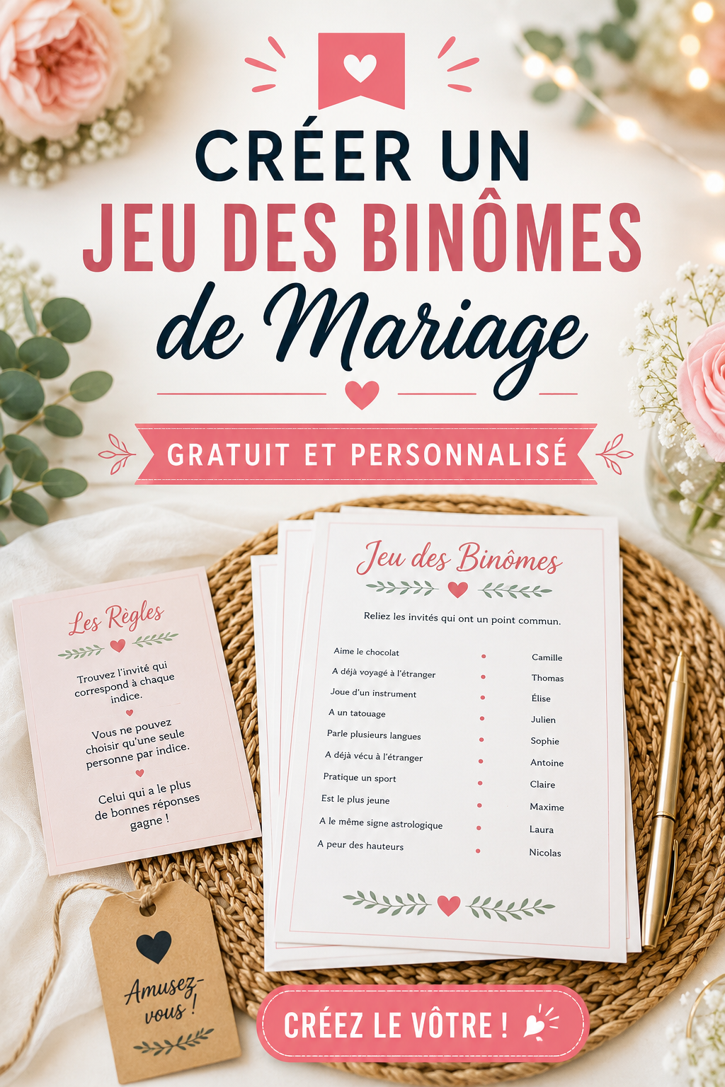 Un couple de mariés avec leurs invités jouant à un jeu des binômes lors d'une réception de mariage.