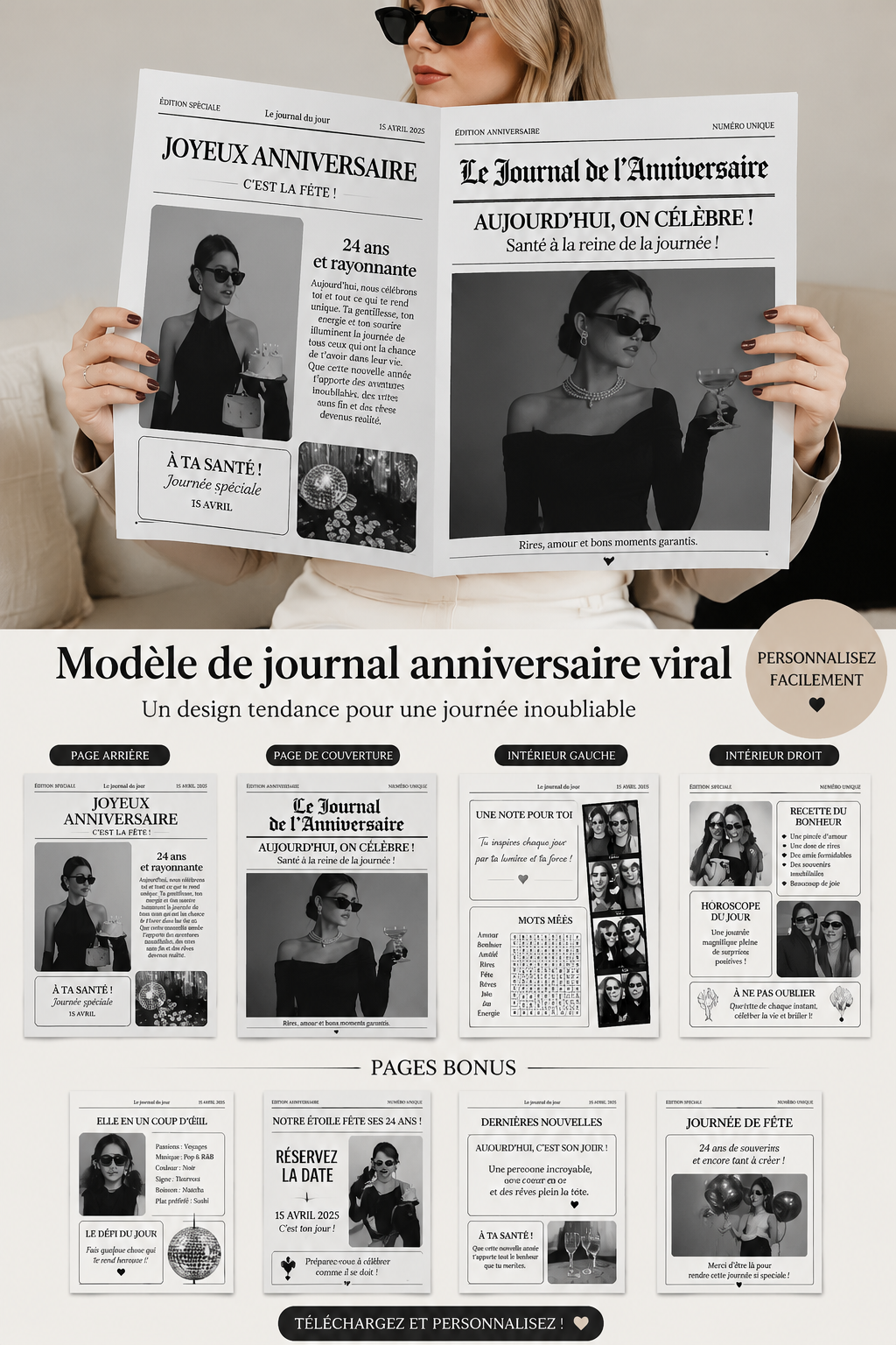 Un journal d'anniversaire coloré avec des photos et des messages privés.