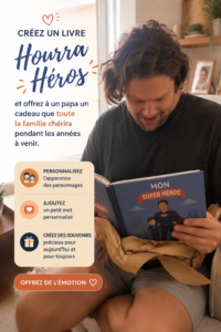 Couverture d'un livre personnalisé représentant un père et ses enfants.