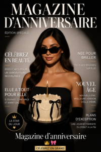 Magazine d'anniversaire sur mesure exposé sur une table avec des décorations de fête