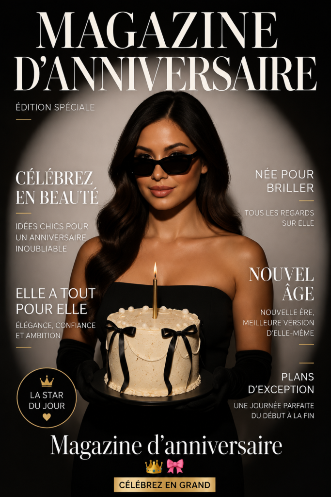 Magazine d'anniversaire sur mesure exposé sur une table avec des décorations de fête