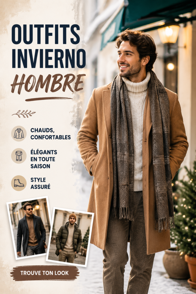 Tenue d'hiver tendance pour homme incluant un manteau élégant et des bottes stylées.