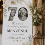 Panneau d'accueil élégant en fleurs pour un 70ème anniversaire