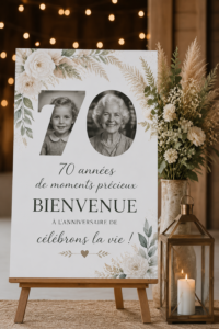 Panneau d'accueil élégant en fleurs pour un 70ème anniversaire