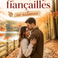 Couple amoureux posant en automne pour des photos de fiançailles entouré de feuilles colorées.