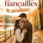 Couple amoureux posant en automne pour des photos de fiançailles entouré de feuilles colorées.