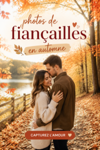 Couple amoureux posant en automne pour des photos de fiançailles entouré de feuilles colorées.
