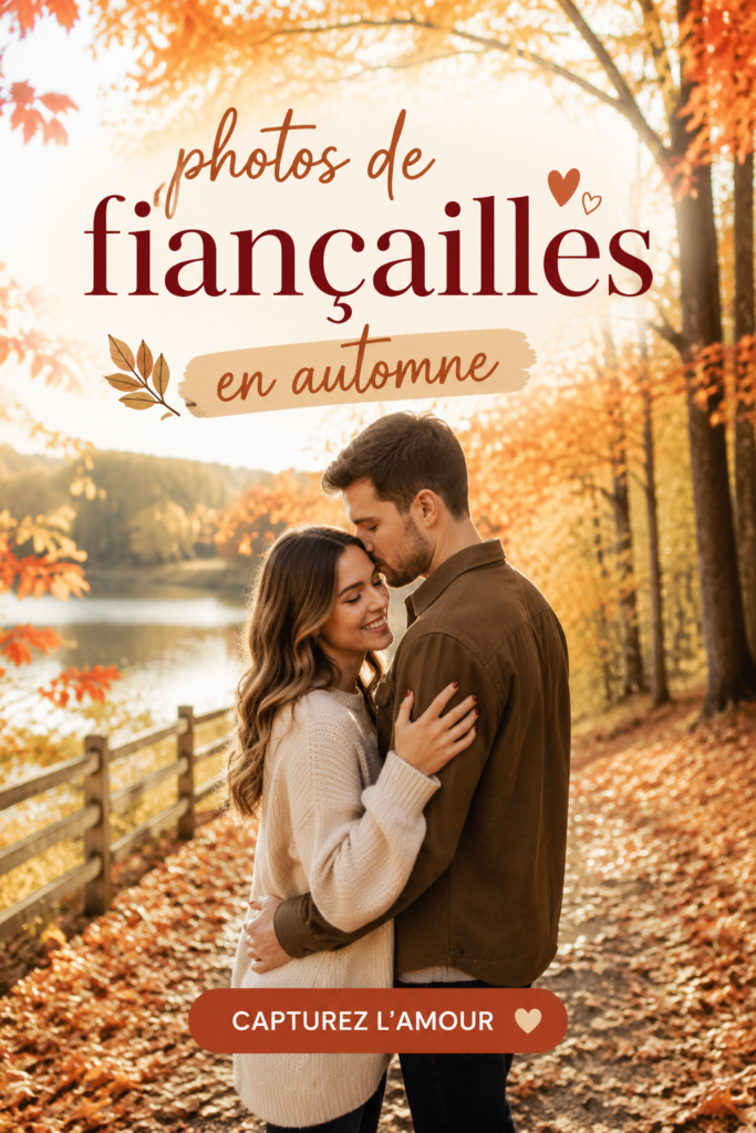 Couple amoureux posant en automne pour des photos de fiançailles entouré de feuilles colorées.