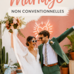 Un couple de mariés posant dans un environnement naturel avec une approche créative de la photographie.