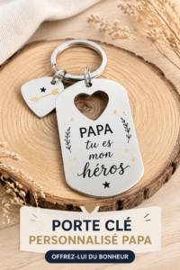 Un porte-clé personnalisé en cuir avec le prénom d'un papa gravé dessus.