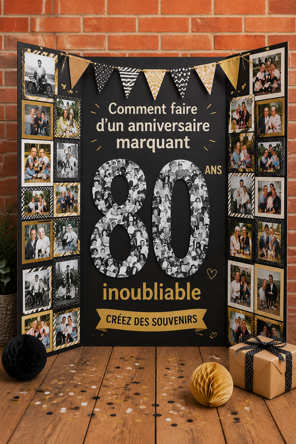 Fête d'anniversaire avec décorations colorées et invités souriants.