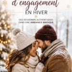 Un couple amoureux posant joyeusement dans un paysage enneigé durant une séance photo d'engagement en hiver.