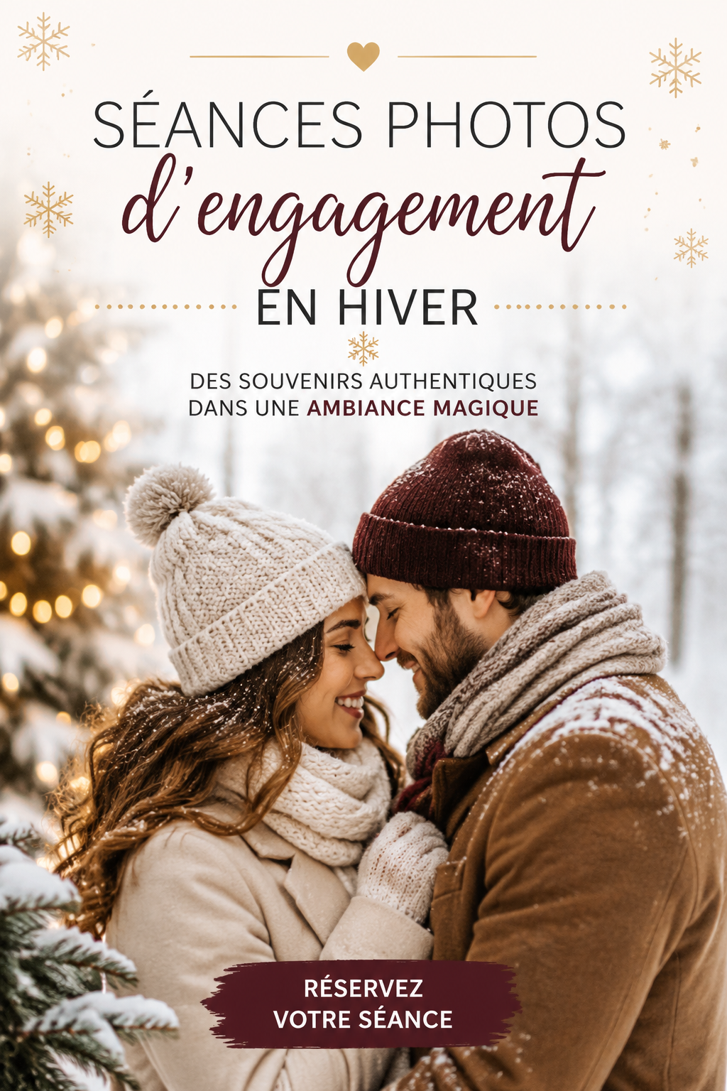 Un couple amoureux posant joyeusement dans un paysage enneigé durant une séance photo d'engagement en hiver.