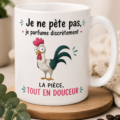 Tasse humoristique avec un message drôle sur fond coloré.