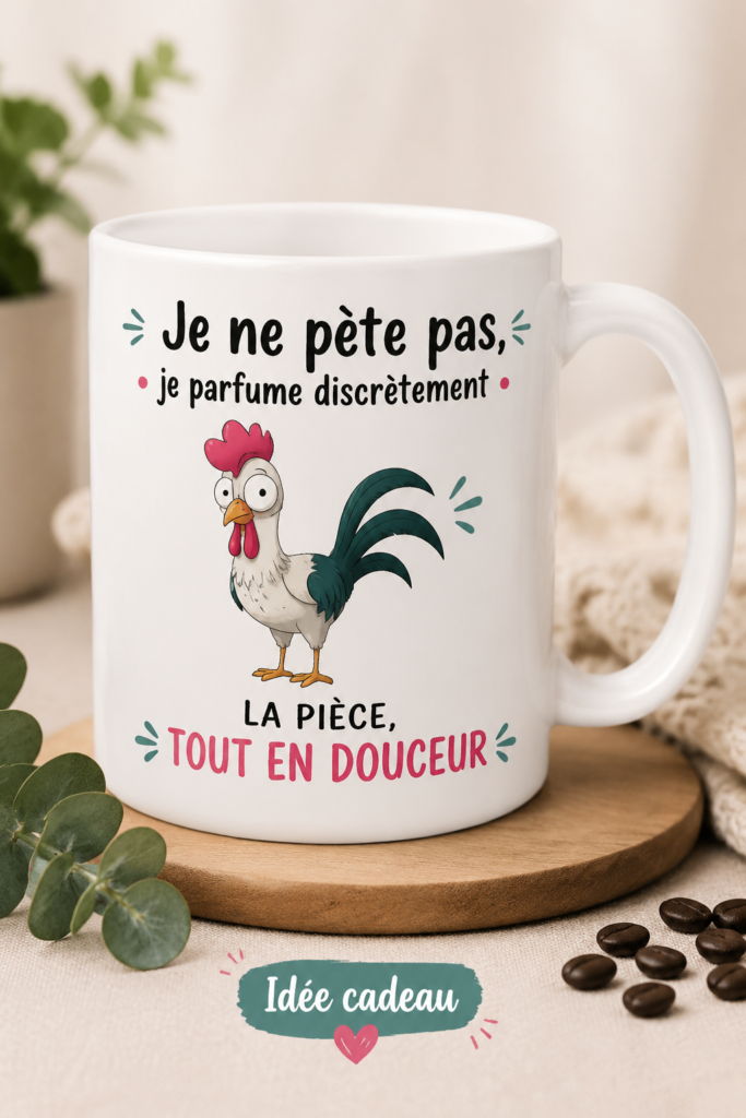 Tasse humoristique avec un message drôle sur fond coloré.