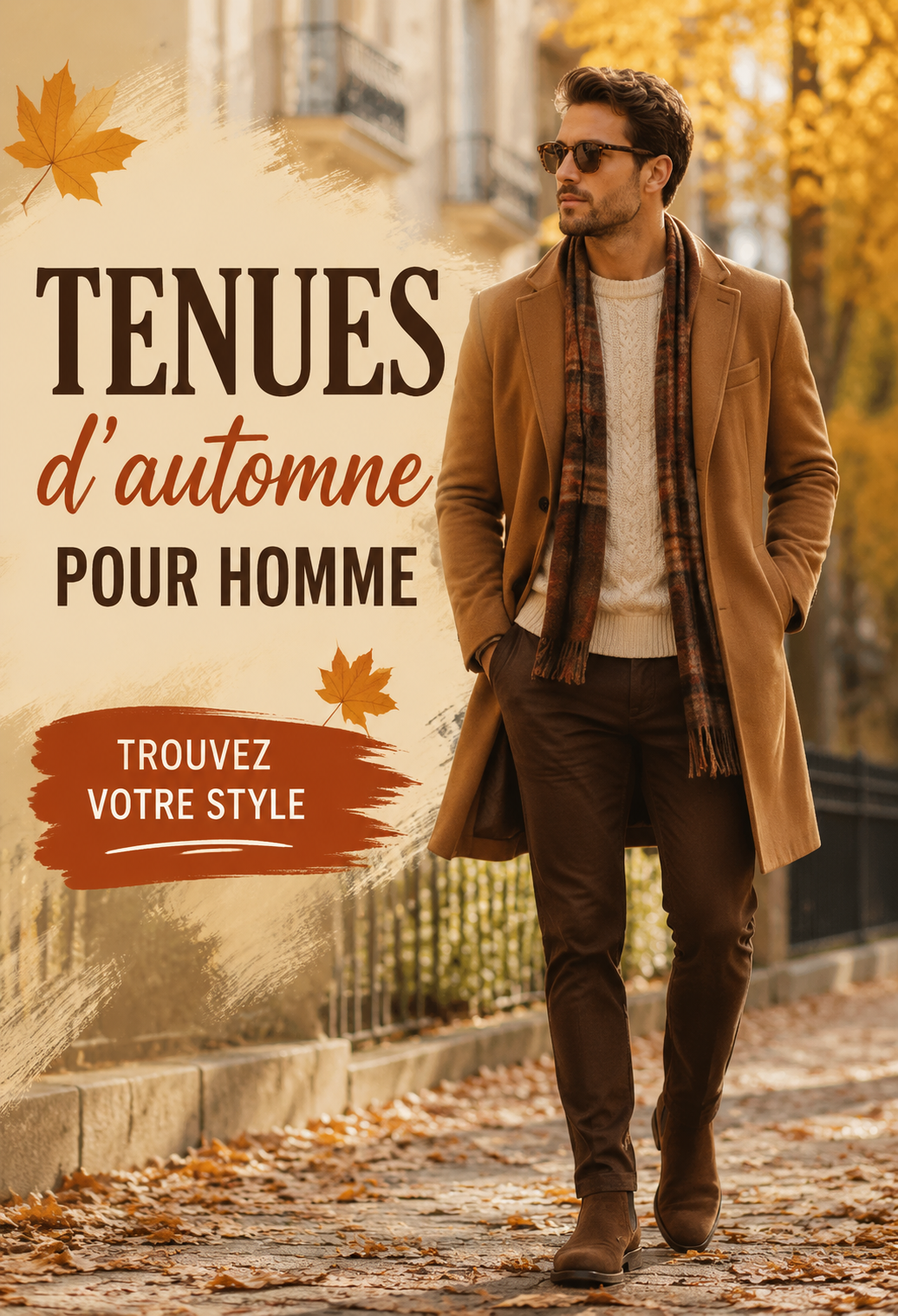 Un mannequin portant une tenue d'automne élégante pour homme, avec un manteau et un pull.