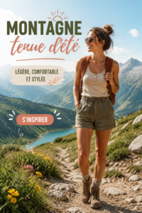 Une personne en tenue estivale adaptée à la montagne, prête pour l'aventure en plein air avec un beau décor montagnard en arrière-plan.