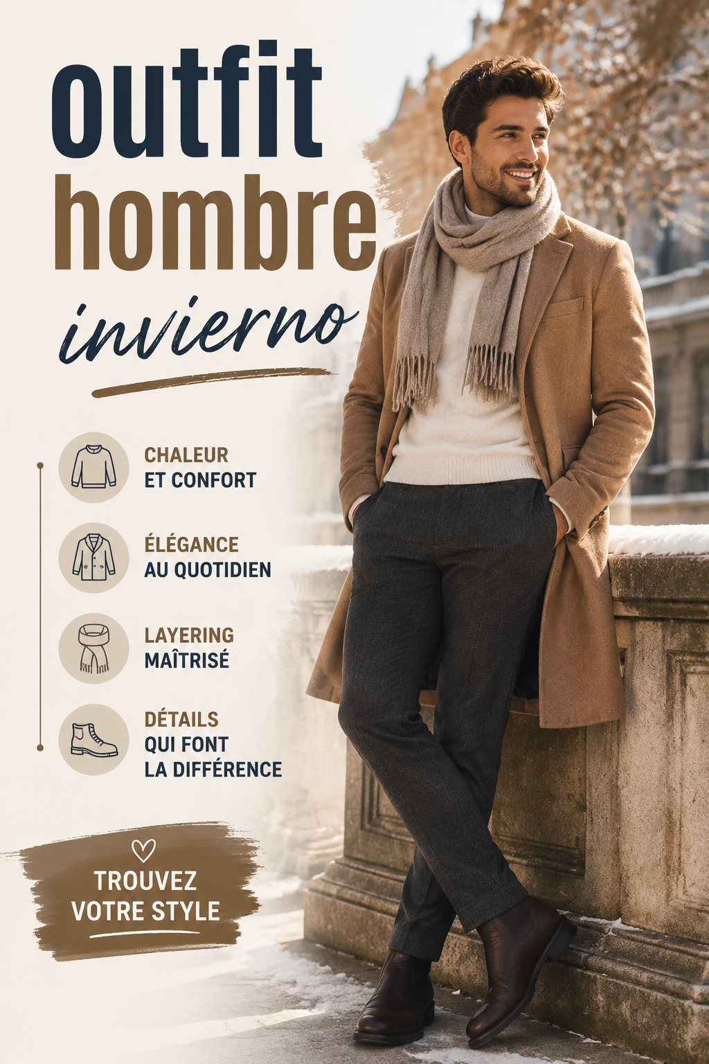 Un homme élégamment habillé pour l'hiver avec un manteau chaud et des accessoires stylés.