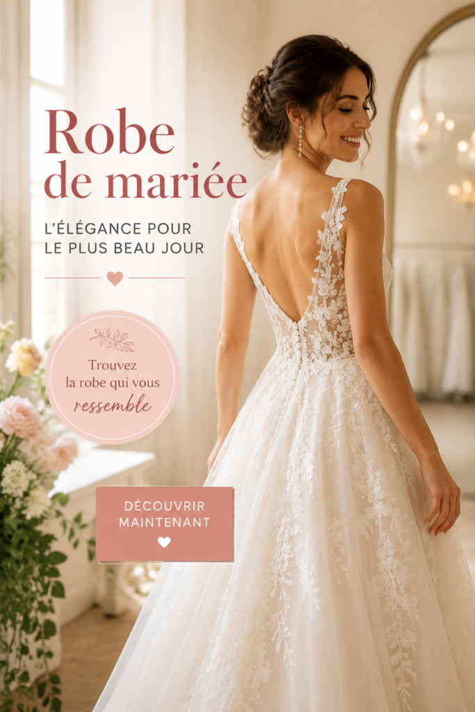Robe de mariée élégante avec dentelle et décolleté en V.