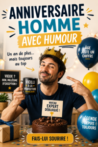 Un homme souriant en recevant des vœux d'anniversaire humoristiques.