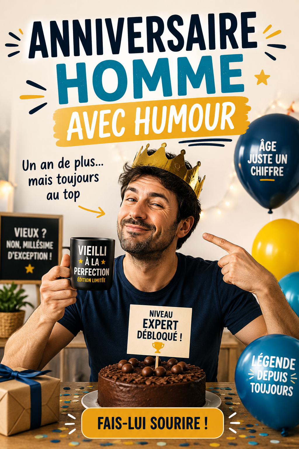 Un homme souriant en recevant des vœux d'anniversaire humoristiques.