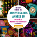 Fête d'anniversaire sur le thème des années 90 avec décorations colorées et accessoires emblématiques.
