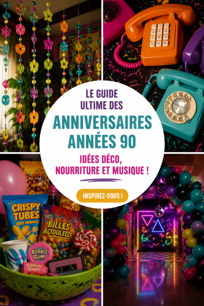 Fête d'anniversaire sur le thème des années 90 avec décorations colorées et accessoires emblématiques.
