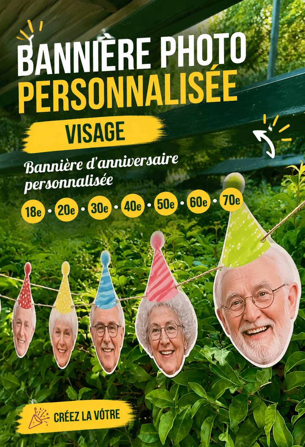 Bannière d'anniversaire photo personnalisée avec un design coloré et unique