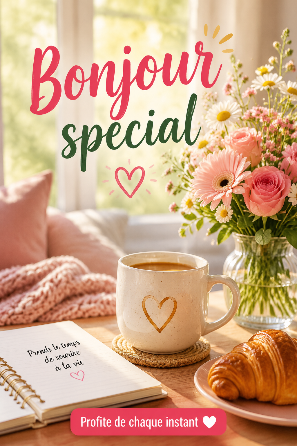 Personne souriante offrant un bonjour chaleureux avec une boisson matinale