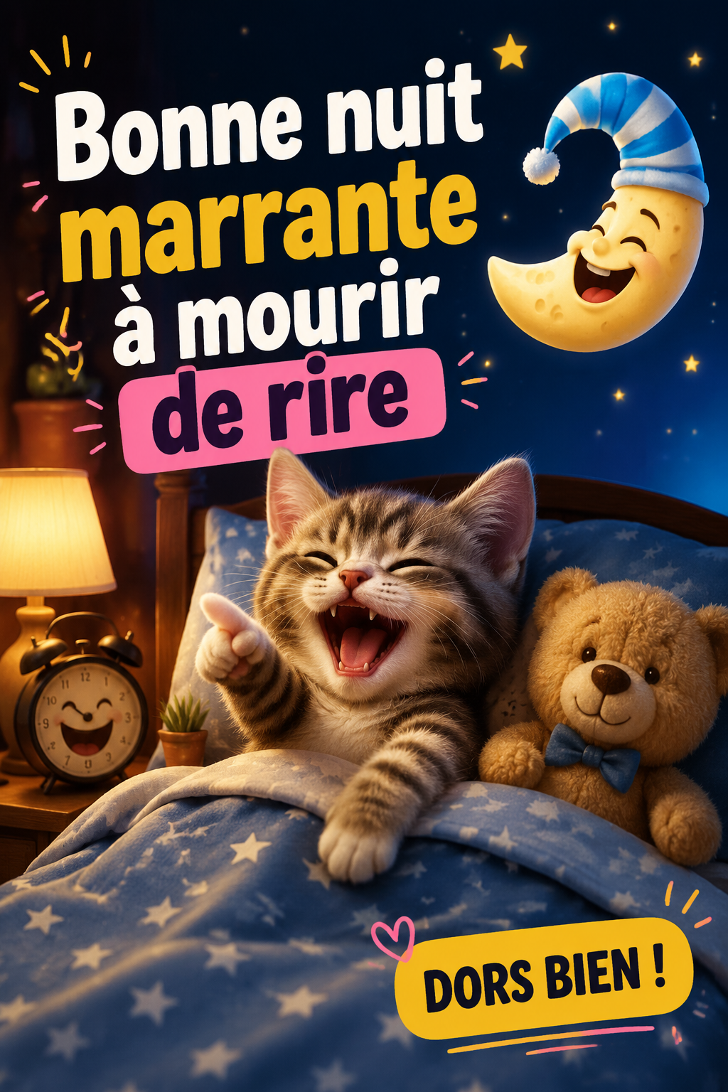 Une illustration joyeuse représentant des personnages riant avant de dire bonne nuit.