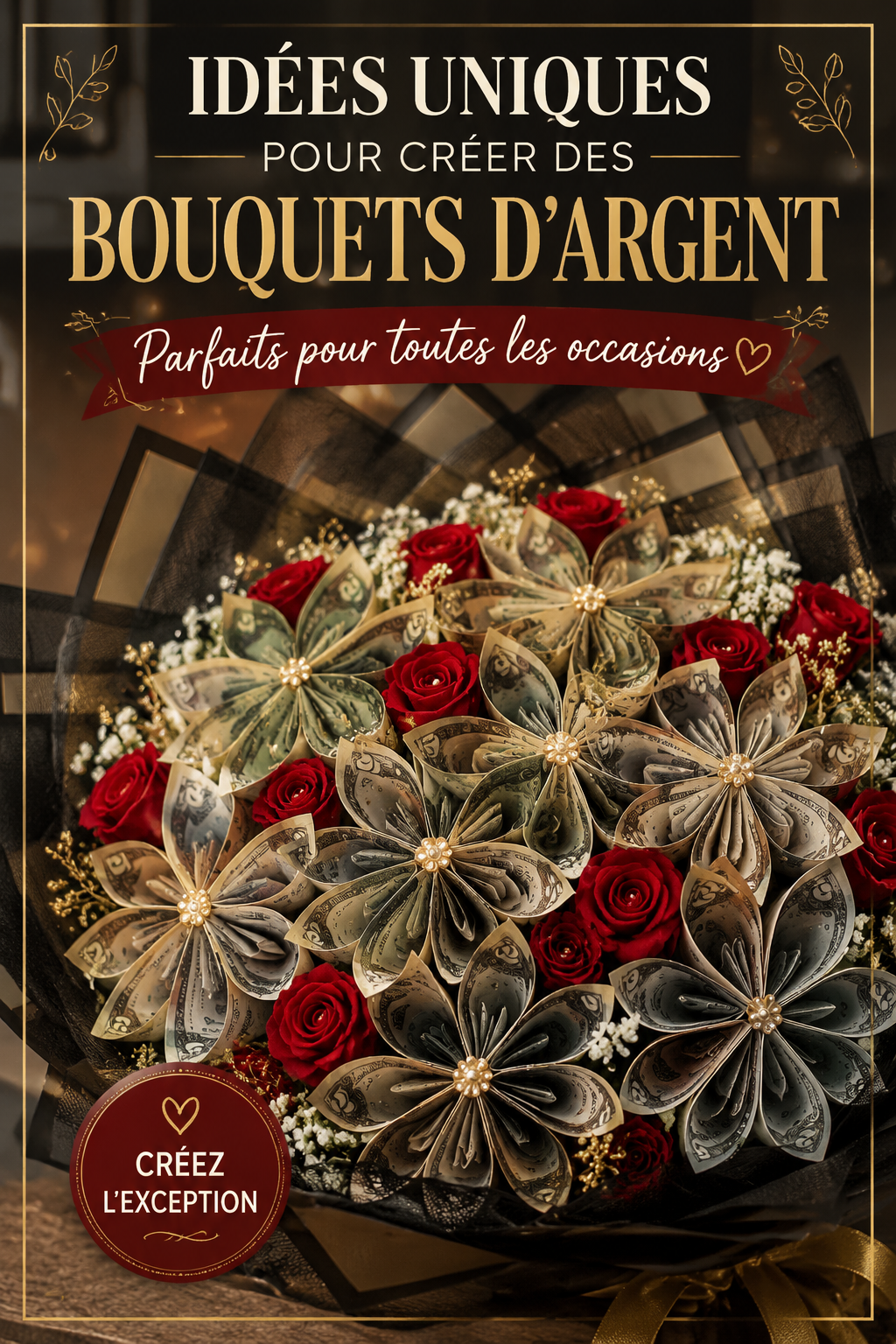 Bouquet d'argent coloré avec des billets et des fleurs pour un cadeau créatif.
