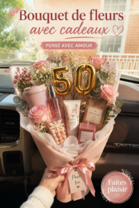 Bouquet de fleurs colorées avec des petits cadeaux intégrés