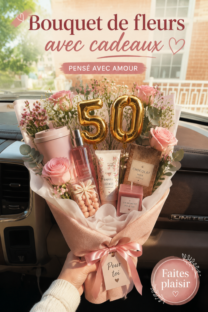 Bouquet de fleurs colorées avec des petits cadeaux intégrés