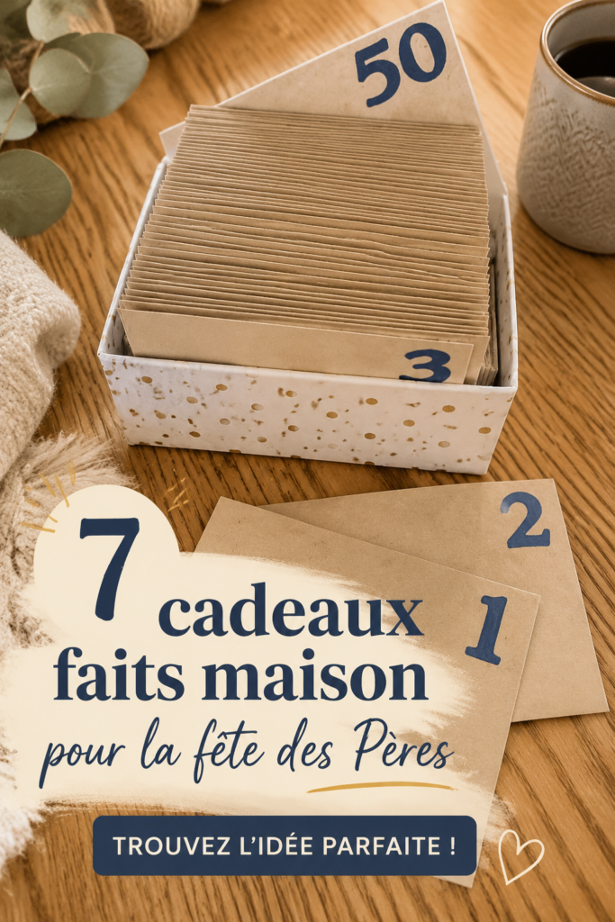 Diaporama de cadeaux faits maison pour la fête des pères, incluant des coussins, des cartes et des cadeaux gourmands.