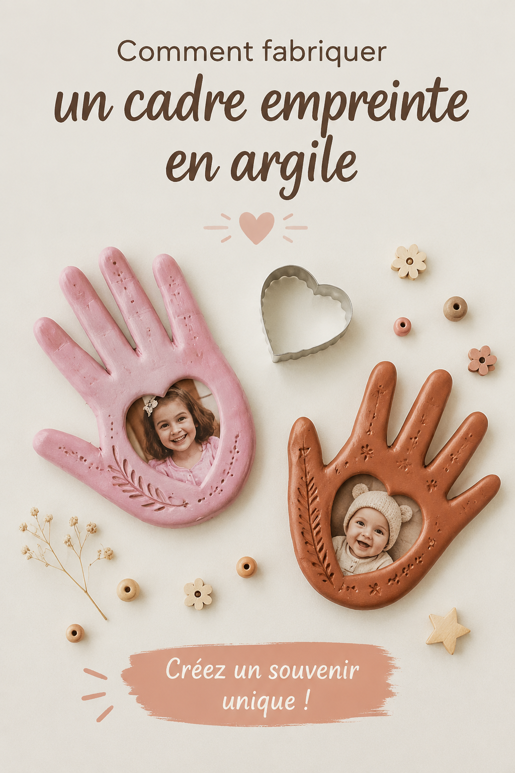 Un cadre en argile avec une empreinte de main, prêt à être décoré.