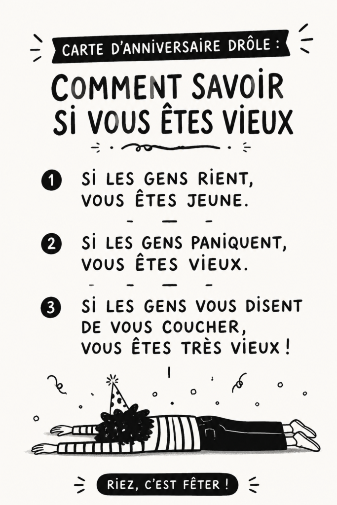 Une carte d'anniversaire humoristique avec un message drôle sur le vieillissement