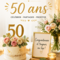 Une fête d'anniversaire sur le thème des 50 ans, avec des décorations colorées et des invités joyeux.