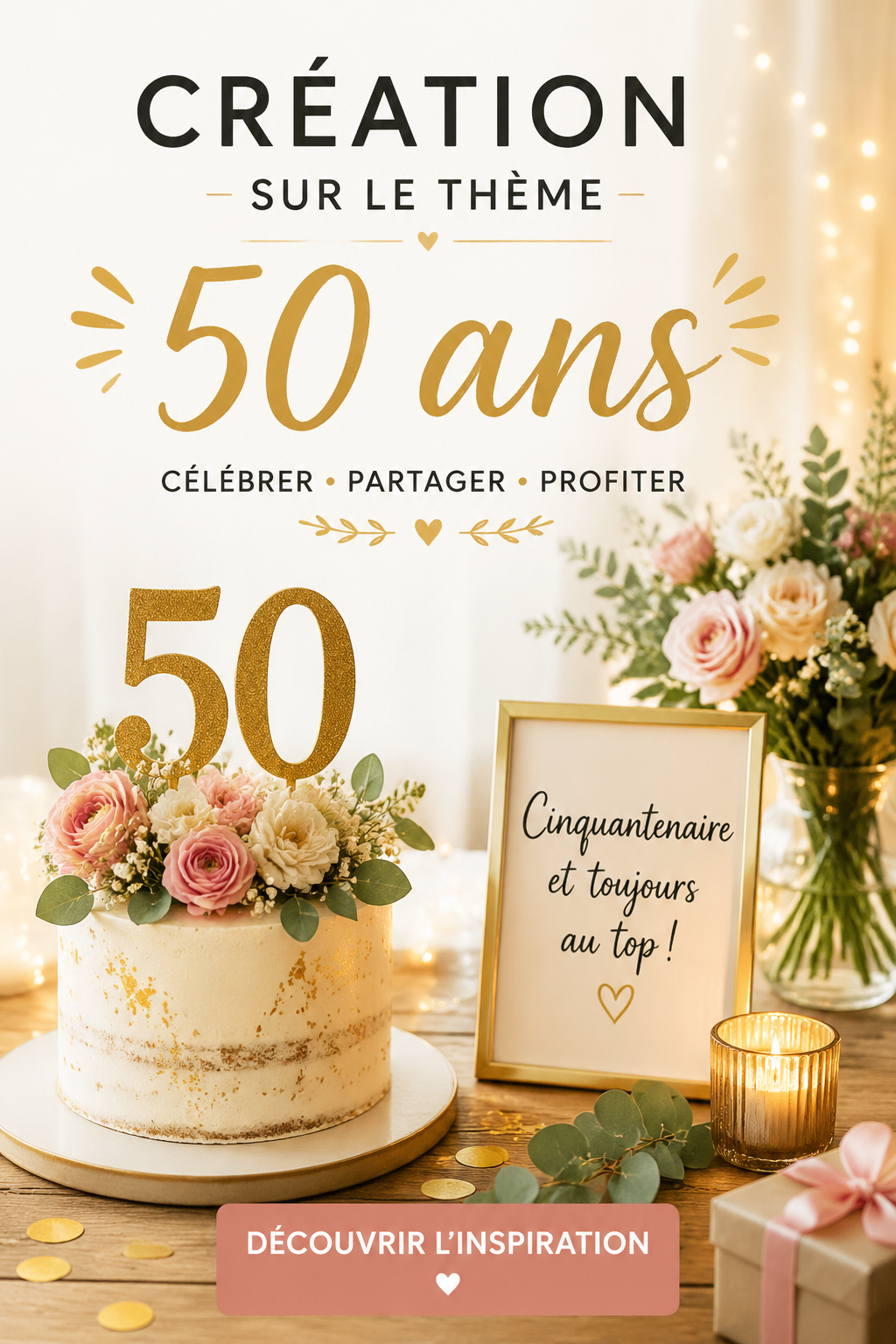Une fête d'anniversaire sur le thème des 50 ans, avec des décorations colorées et des invités joyeux.