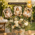 Une table décorée avec des centres de table photos pour un anniversaire