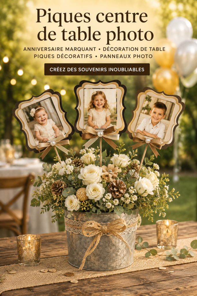 Une table décorée avec des centres de table photos pour un anniversaire