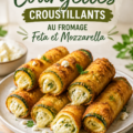 Cigares de courgettes croustillants garnis de fromage feta et mozzarella sur une assiette élégante.