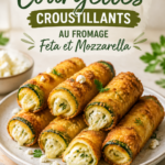 Cigares de courgettes croustillants garnis de fromage feta et mozzarella sur une assiette élégante.