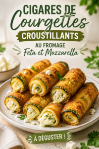 Cigares de courgettes croustillants garnis de fromage feta et mozzarella sur une assiette élégante.
