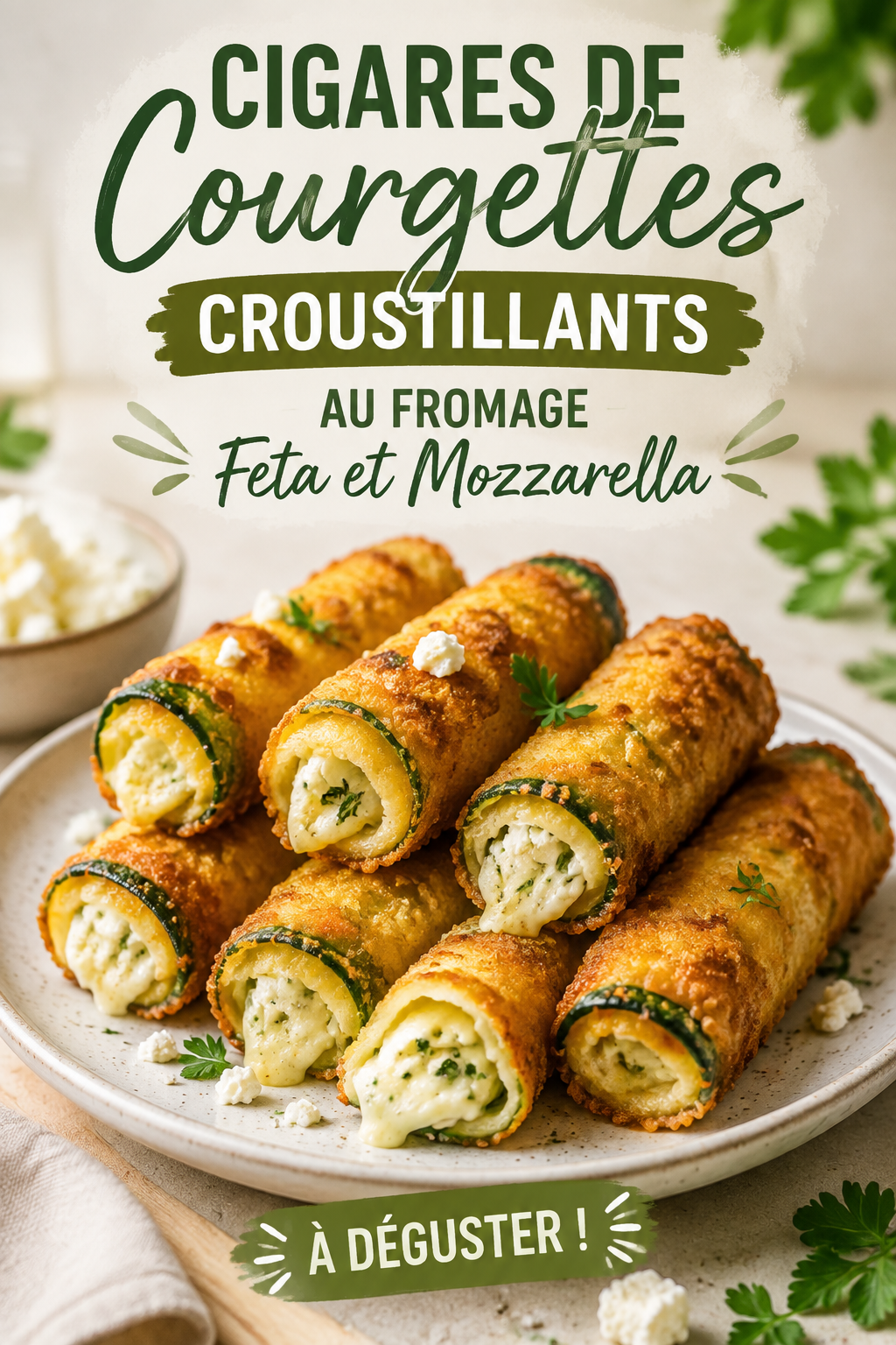 Cigares de courgettes croustillants garnis de fromage feta et mozzarella sur une assiette élégante.
