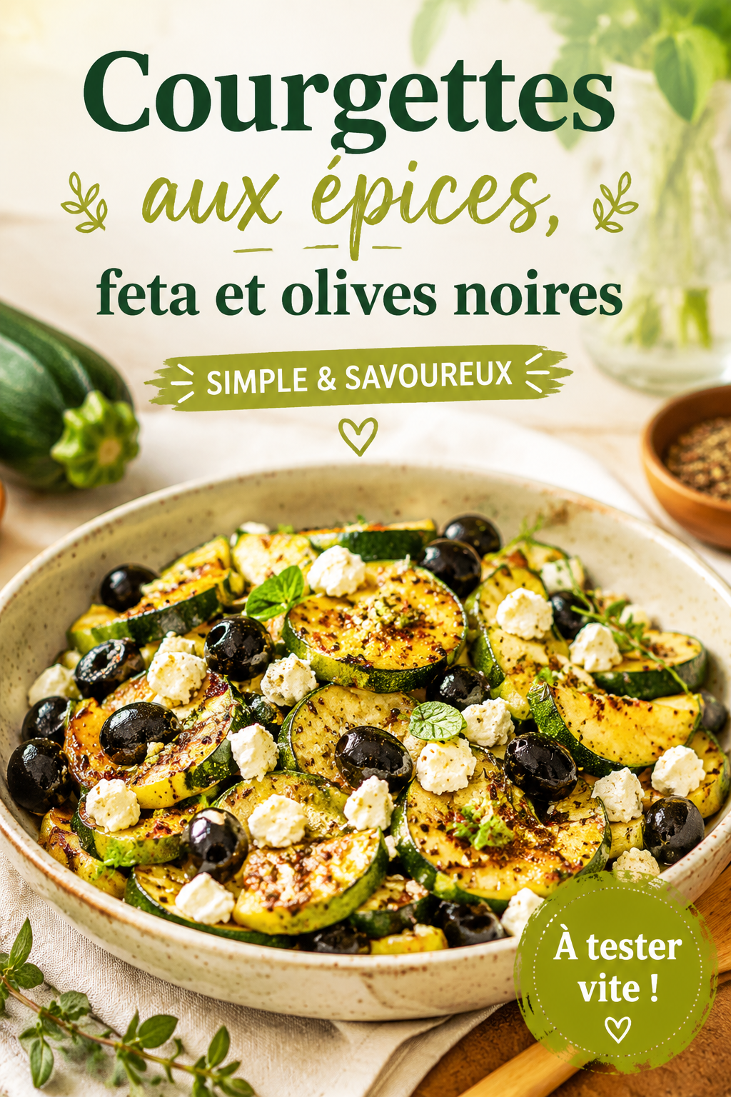 Plat de courgettes grillées avec feta et olives noires, assaisonné d'épices