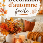 Un salon décoré avec des éléments automnaux comme des coussins et des feuilles colorées.
